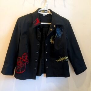 Simon Chang blazer women petite size 6, black with colorful embroidery
